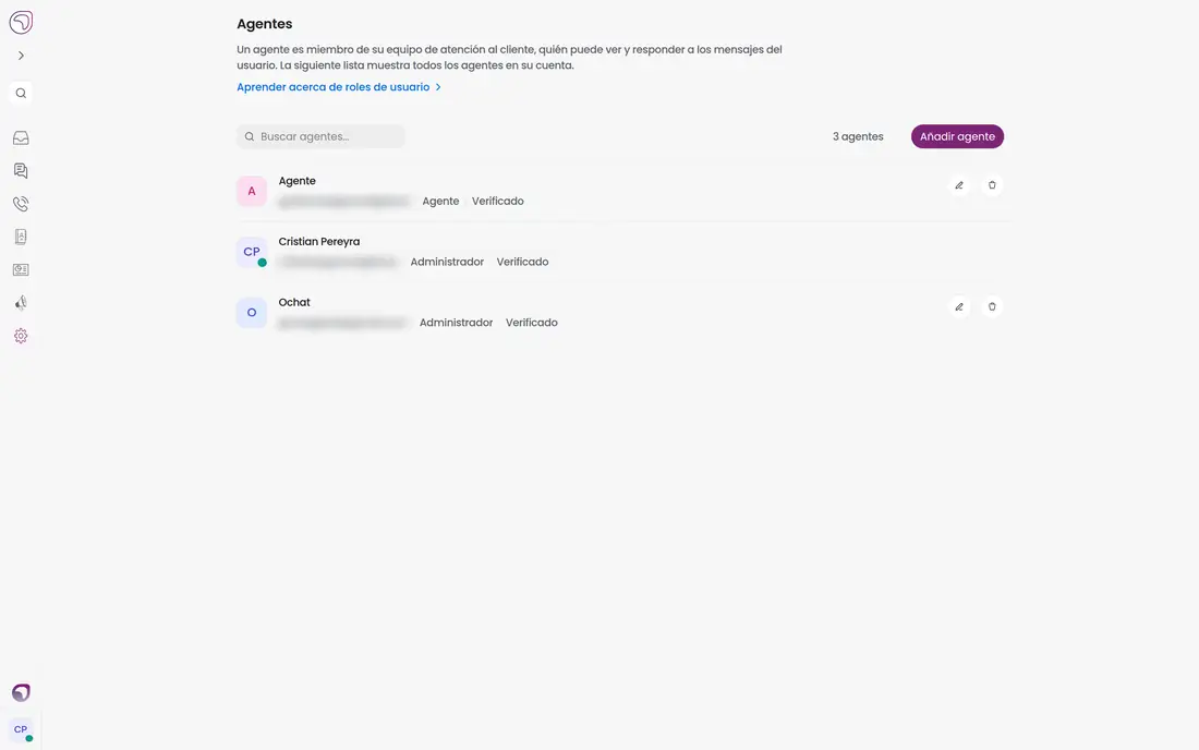 Lista de agentes de la cuenta con su rol