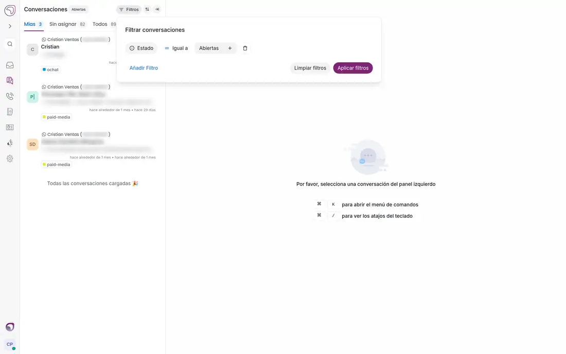 Conversaciones con el panel de filtros del administrador