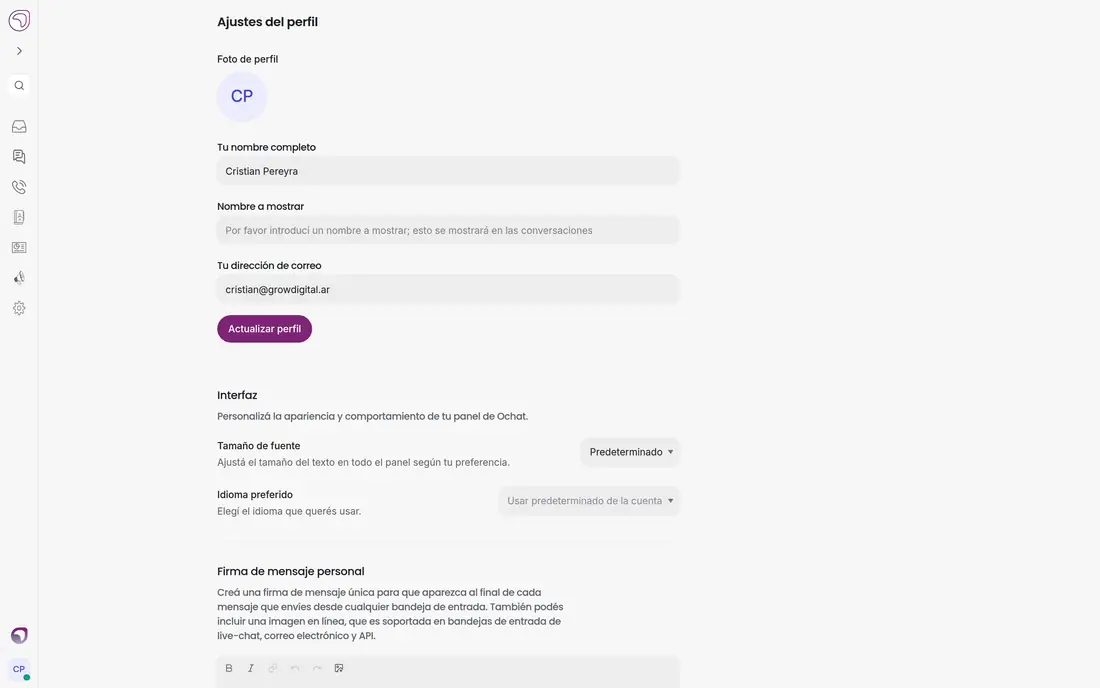 Ajustes del perfil del administrador